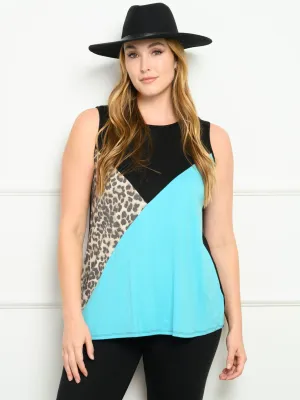 PLUS SIZE SLEEVELESS ANIMAL PRINT CONTRAST TANK TOP