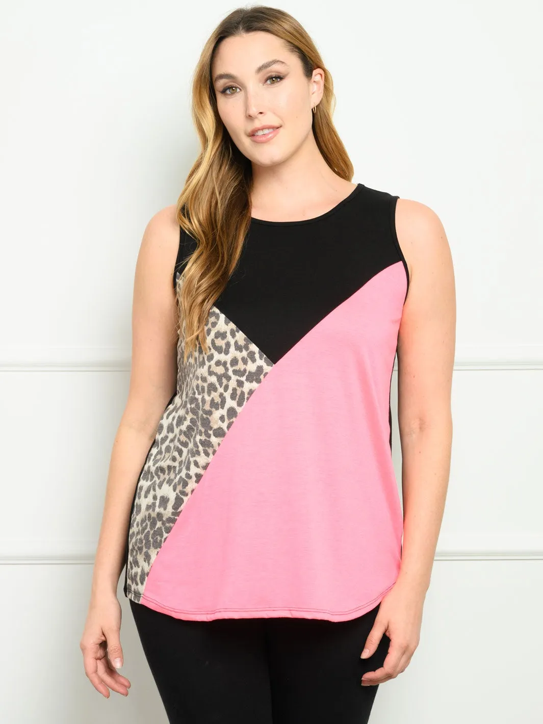 PLUS SIZE SLEEVELESS ANIMAL PRINT CONTRAST TANK TOP