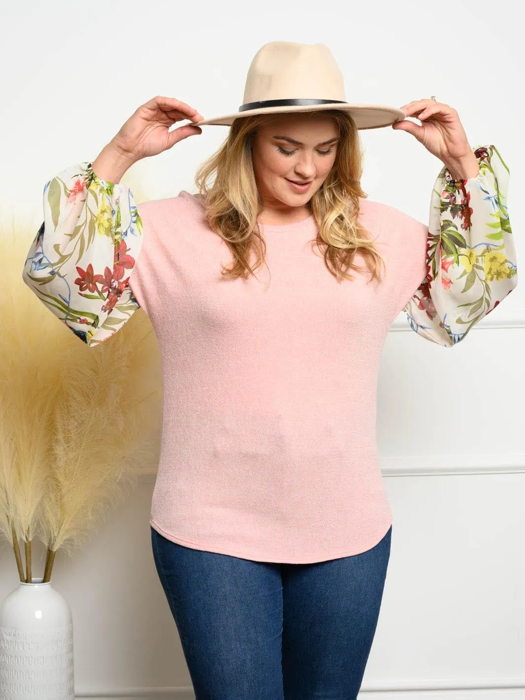 PLUS SIZE SOLID KNIT CONTRAST FLORAL CHIFFON SLEEVE TOP