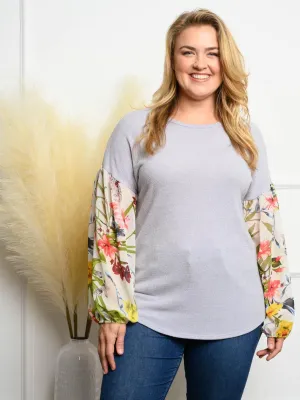 PLUS SIZE SOLID KNIT CONTRAST FLORAL CHIFFON SLEEVE TOP