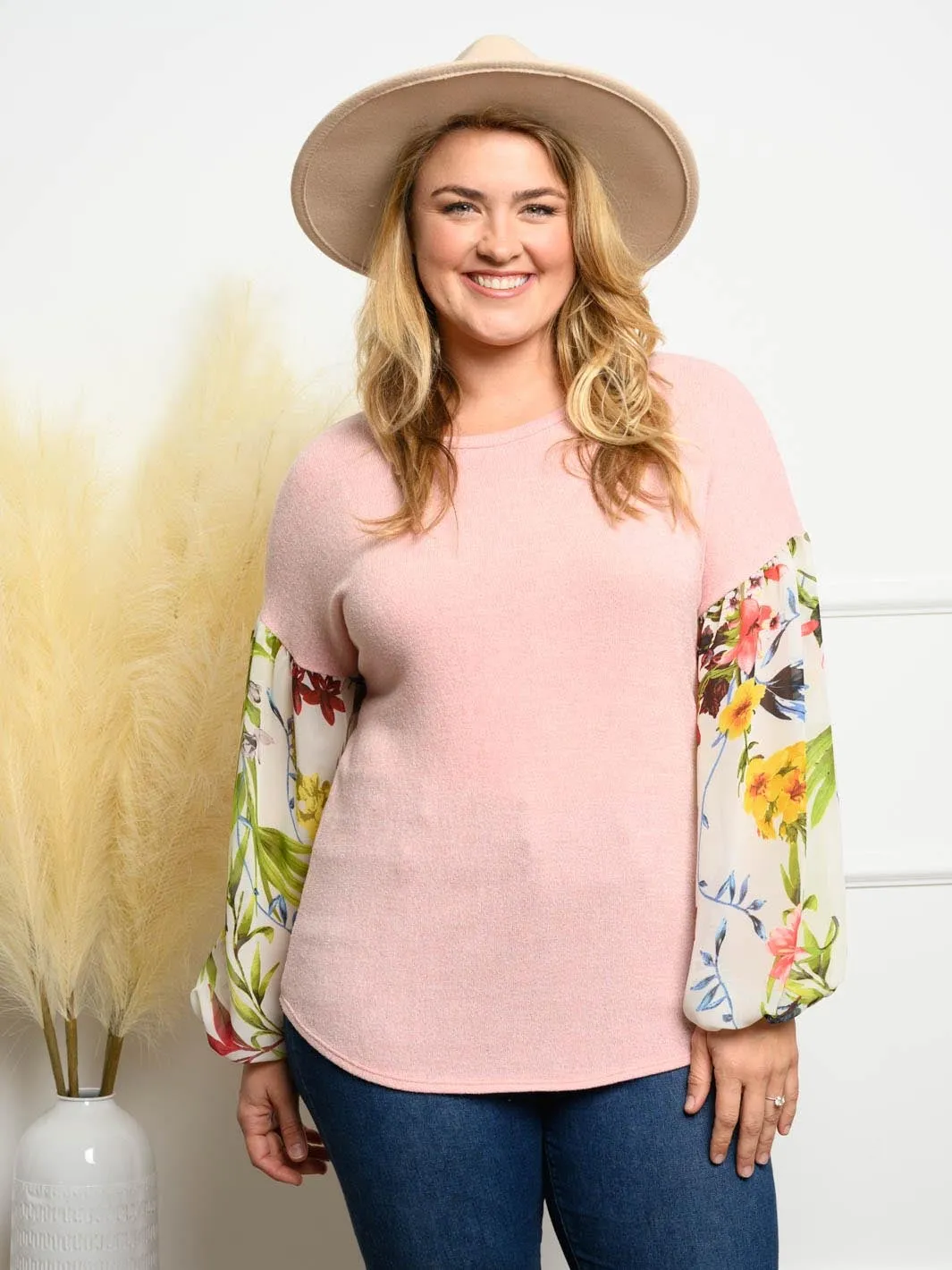PLUS SIZE SOLID KNIT CONTRAST FLORAL CHIFFON SLEEVE TOP