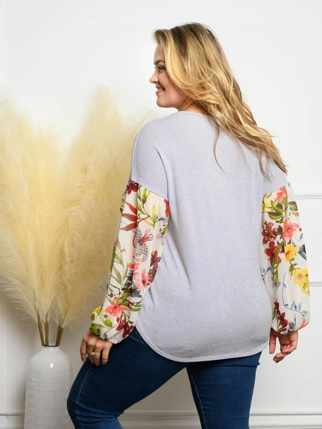PLUS SIZE SOLID KNIT CONTRAST FLORAL CHIFFON SLEEVE TOP