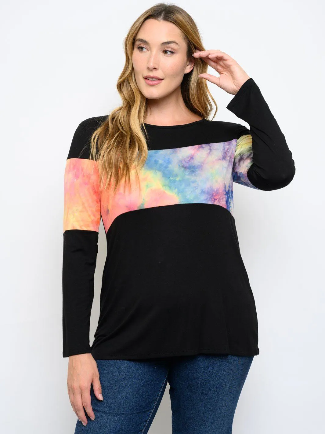 PLUS SIZE TIE DYE DETAIL LONG SLEEVE TOP