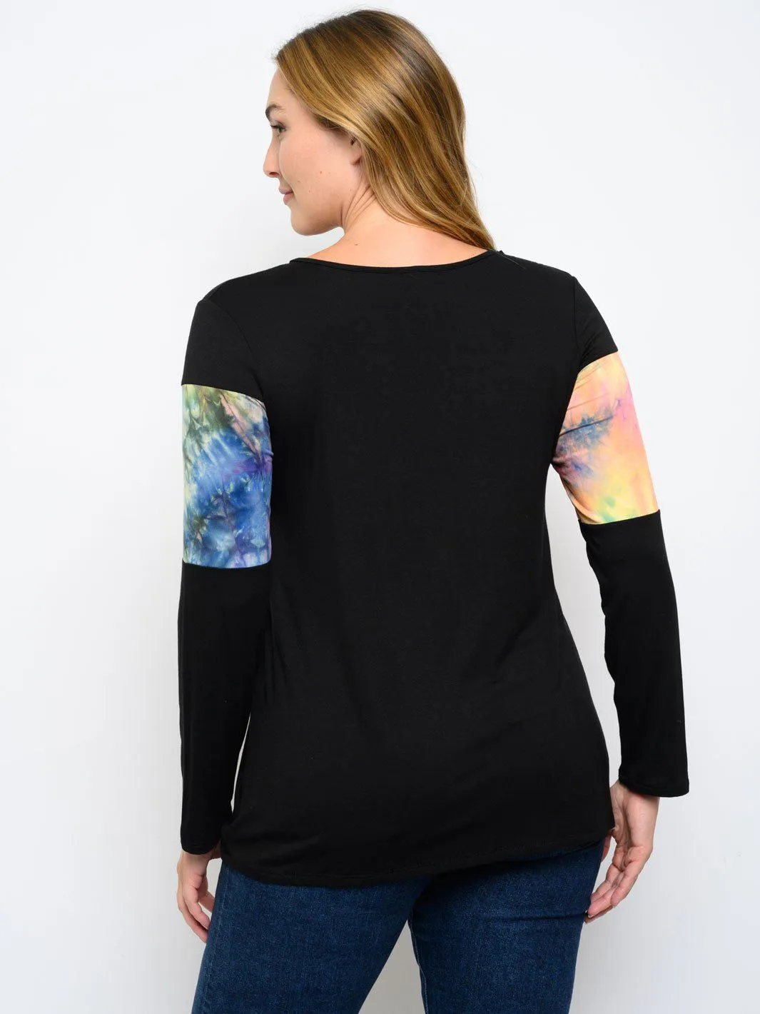 PLUS SIZE TIE DYE DETAIL LONG SLEEVE TOP