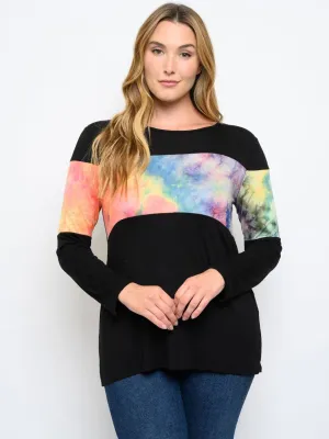 PLUS SIZE TIE DYE DETAIL LONG SLEEVE TOP
