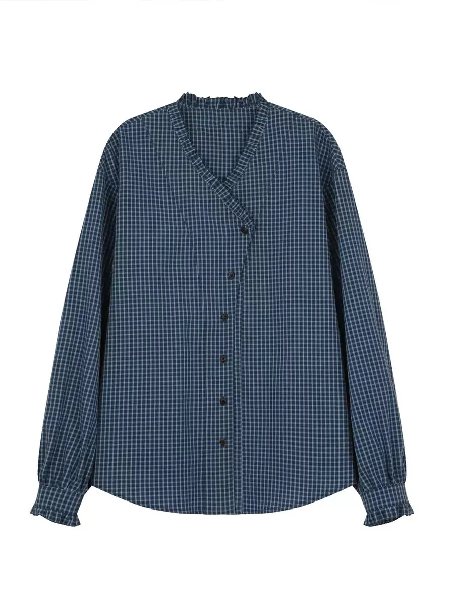 Plus Size Women Spring Plaid V-Neck 100%Cotton Shirt