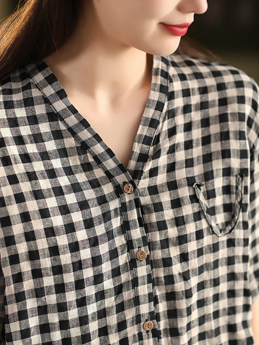 Plus Size Women Summer V-Neck Plaid 100%Linen Shirt