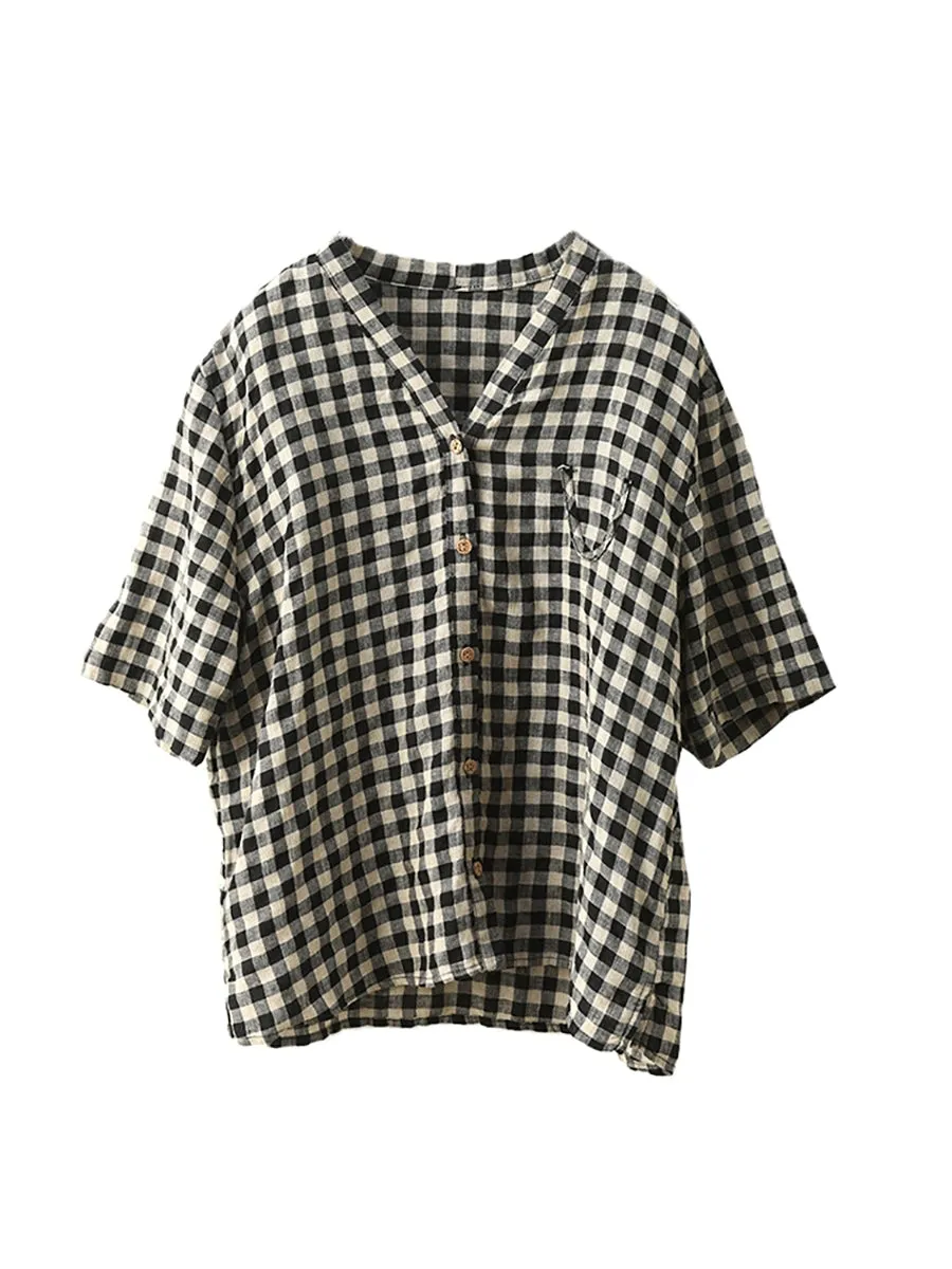 Plus Size Women Summer V-Neck Plaid 100%Linen Shirt