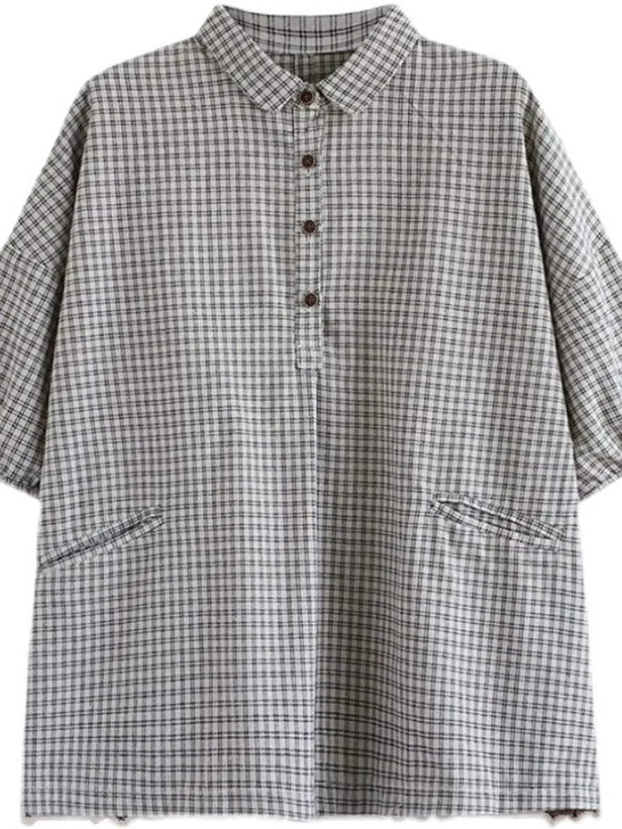 Plus Size Women Summer Vintage Plaid Turn-down Collar Shirt