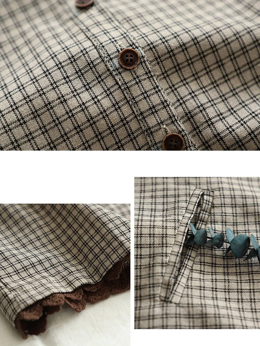 Plus Size Women Summer Vintage Plaid Turn-down Collar Shirt