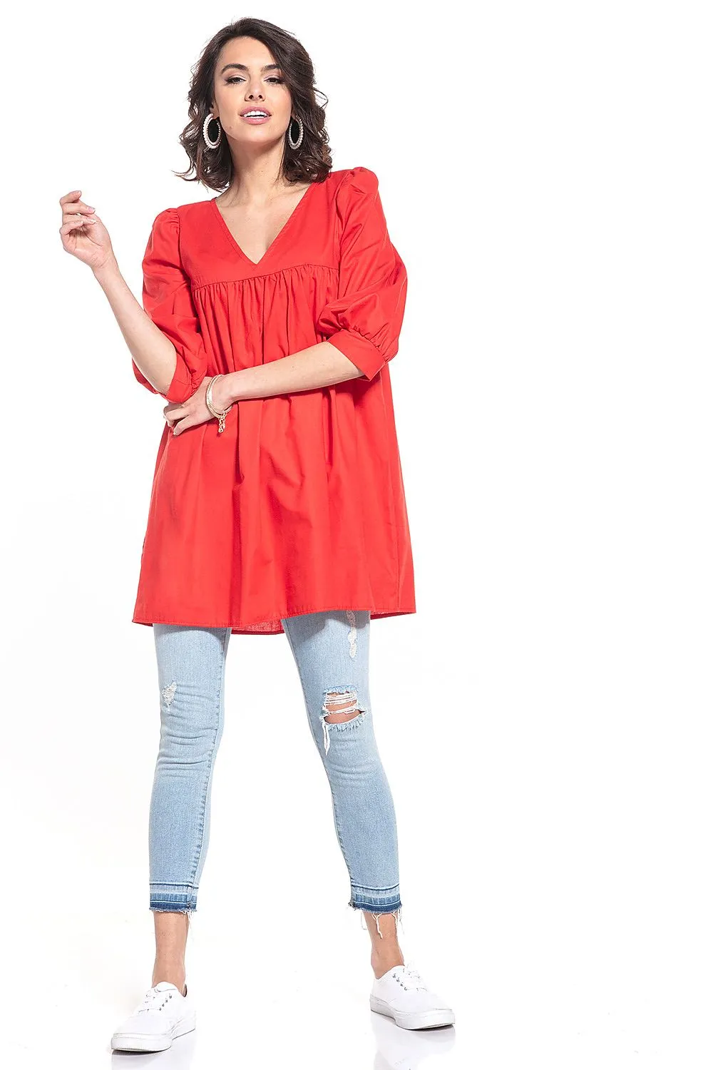 Pointed Neckline Creased Tunic Top