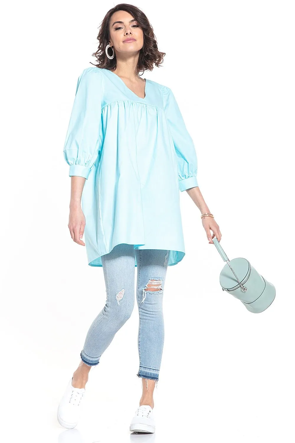 Pointed Neckline Creased Tunic Top