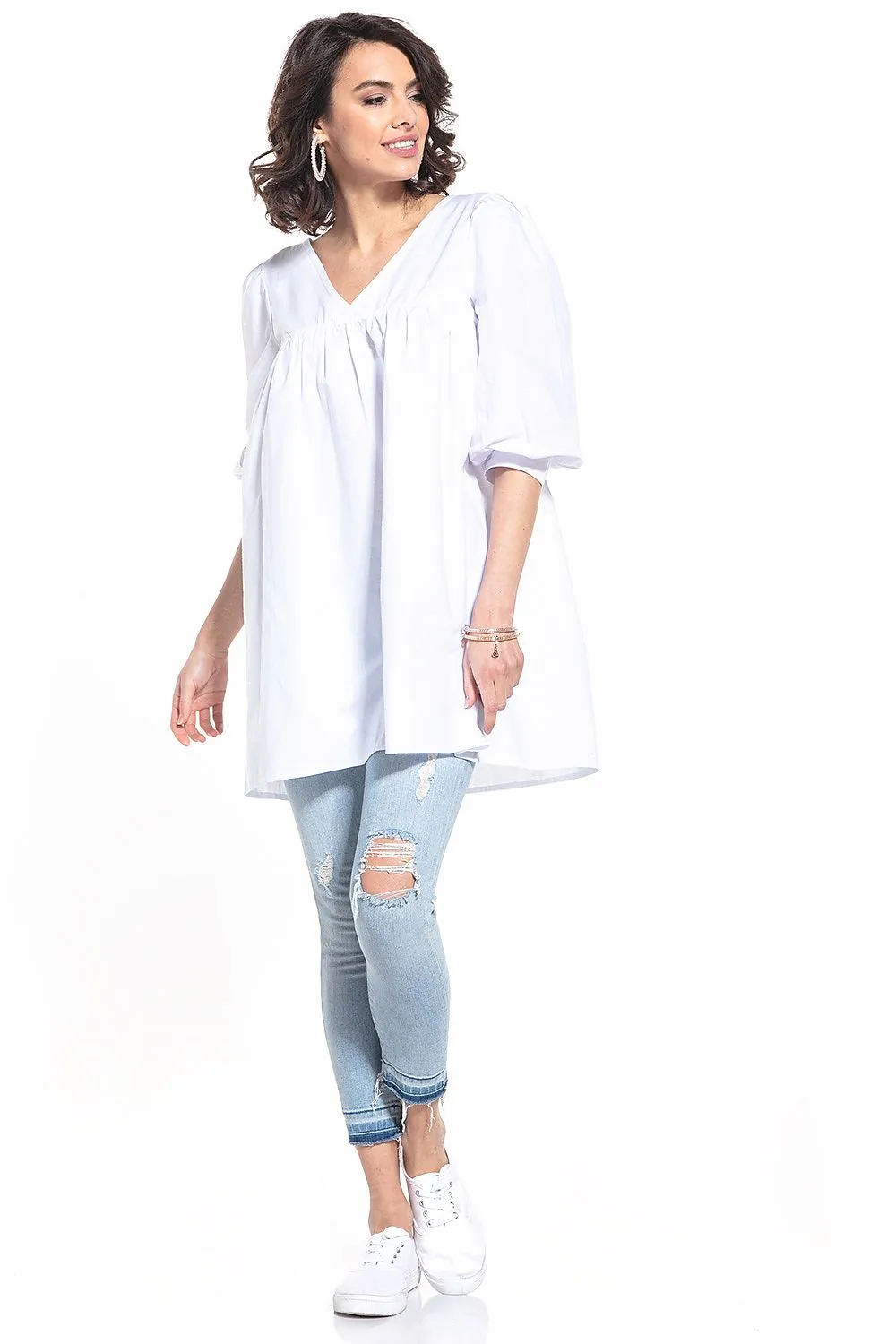 Pointed Neckline Creased Tunic Top