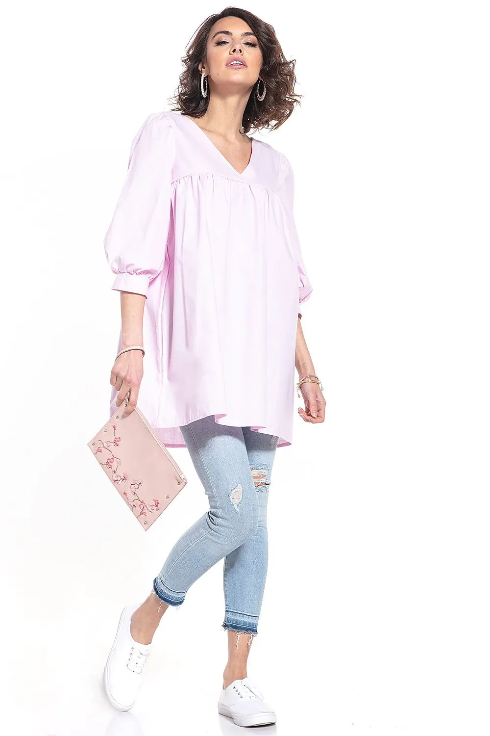 Pointed Neckline Creased Tunic Top
