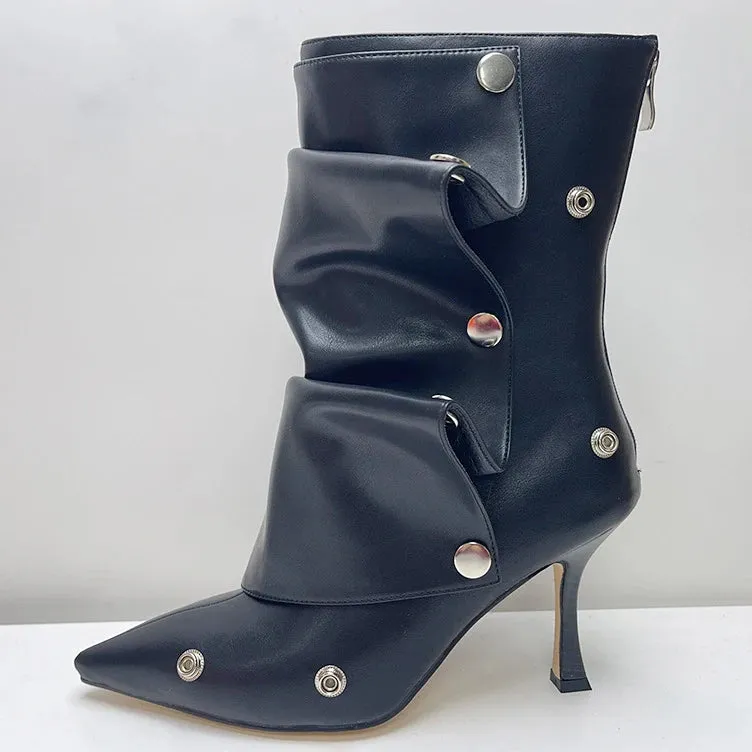 Pointed Toe Metal Rivets Loose Pleated Ankle Boots
