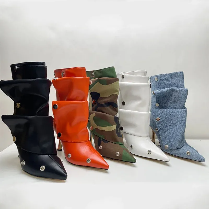 Pointed Toe Metal Rivets Loose Pleated Ankle Boots
