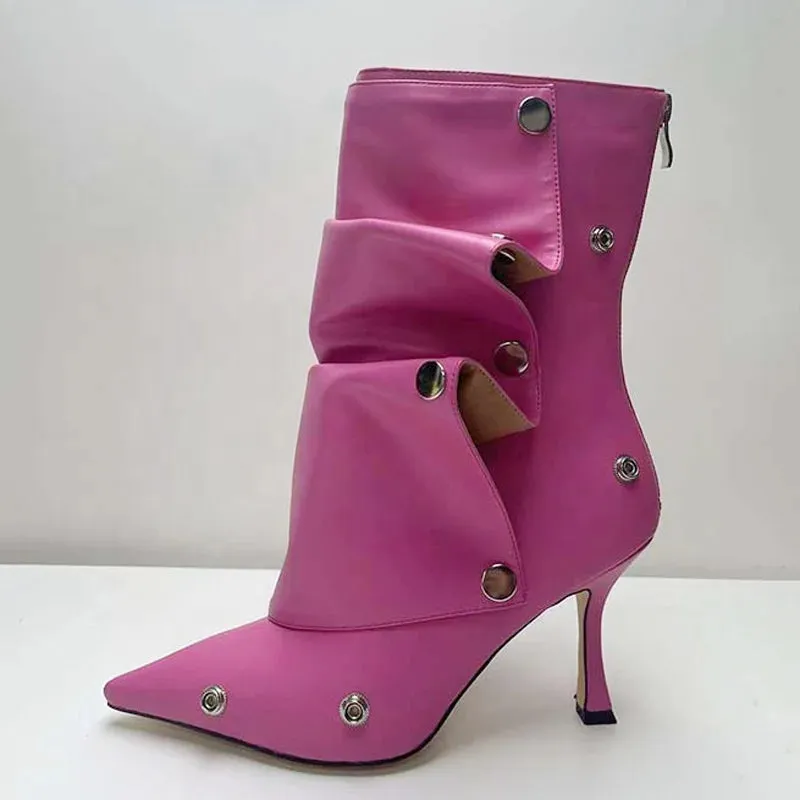 Pointed Toe Metal Rivets Loose Pleated Ankle Boots
