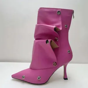 Pointed Toe Metal Rivets Loose Pleated Ankle Boots