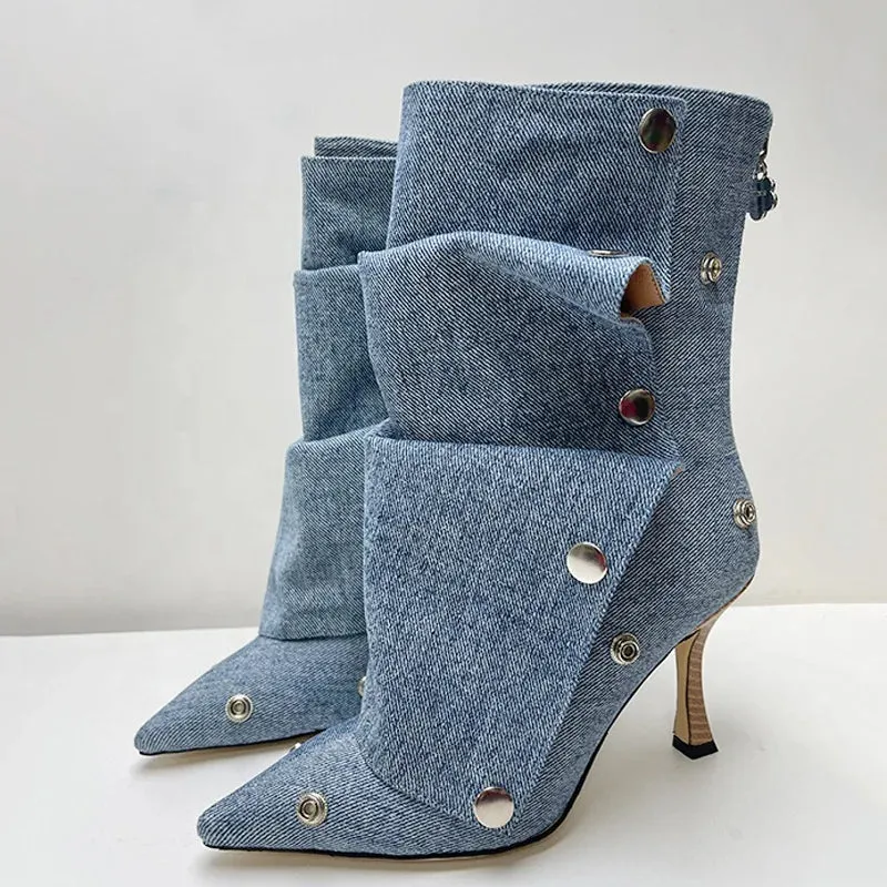 Pointed Toe Metal Rivets Loose Pleated Ankle Boots