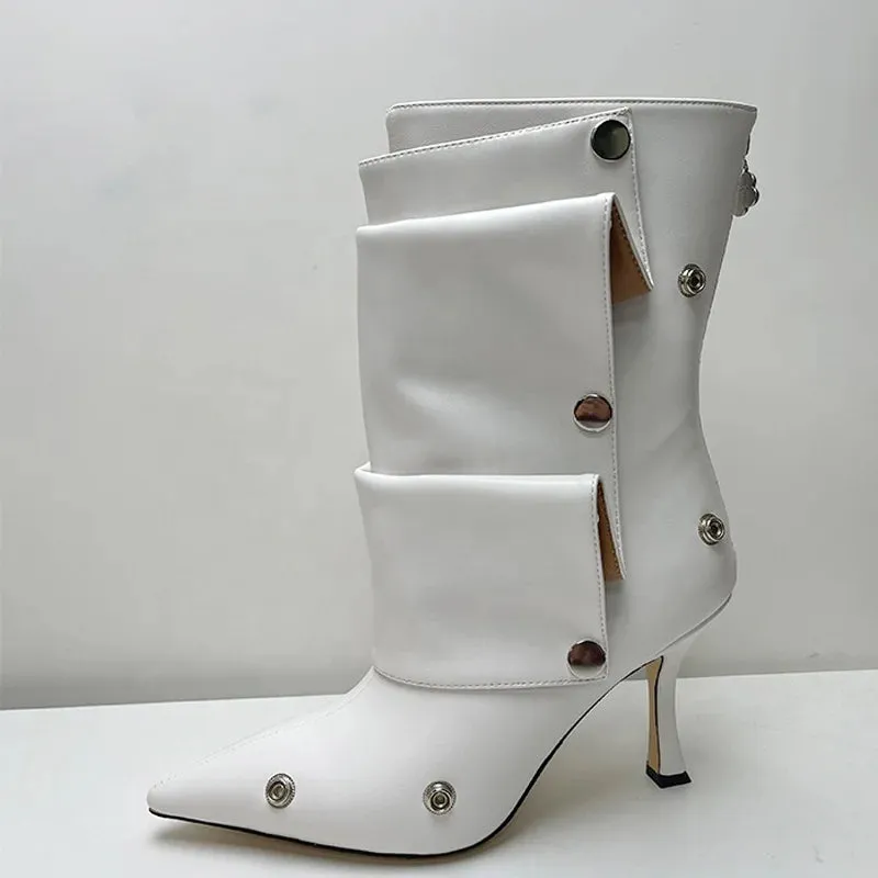 Pointed Toe Metal Rivets Loose Pleated Ankle Boots