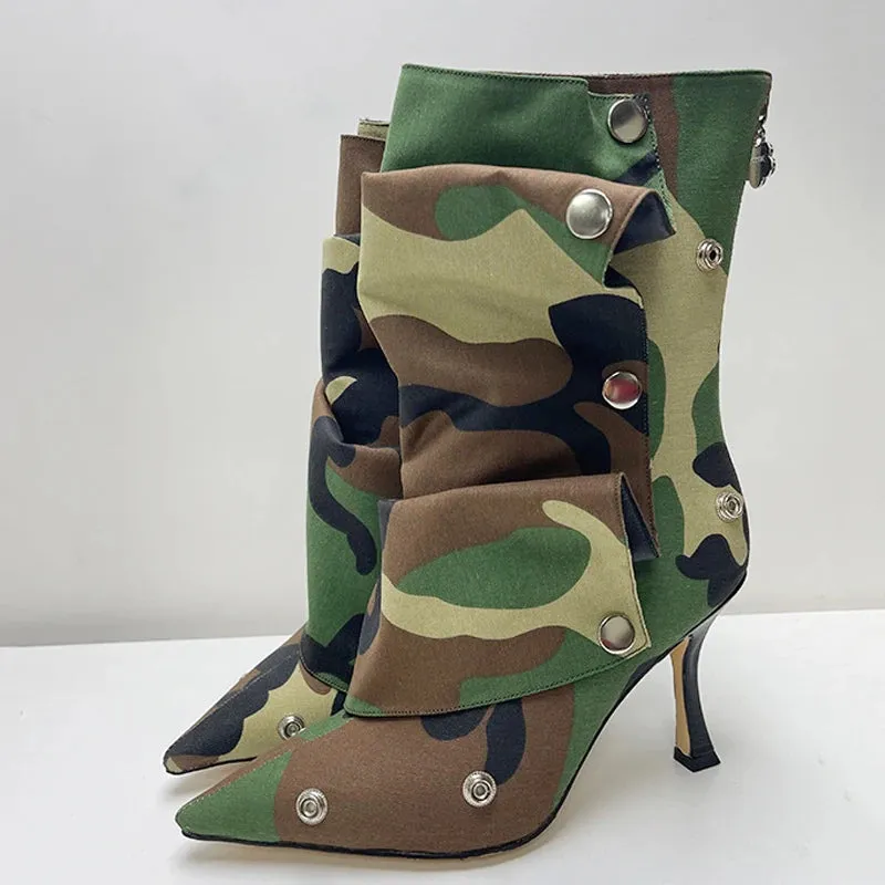 Pointed Toe Metal Rivets Loose Pleated Ankle Boots