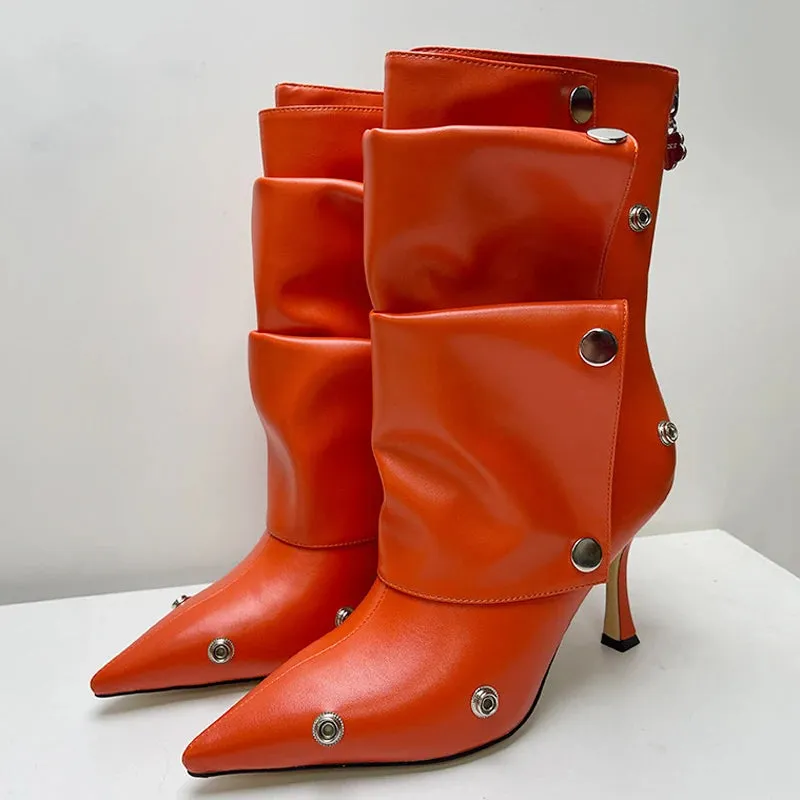 Pointed Toe Metal Rivets Loose Pleated Ankle Boots