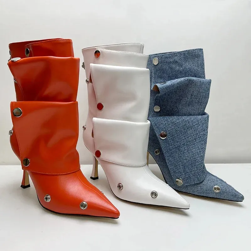 Pointed Toe Metal Rivets Loose Pleated Ankle Boots