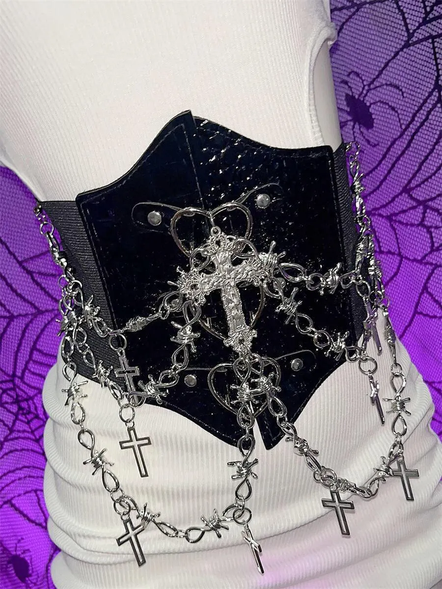 PU leather metal chain cross applique waist chain