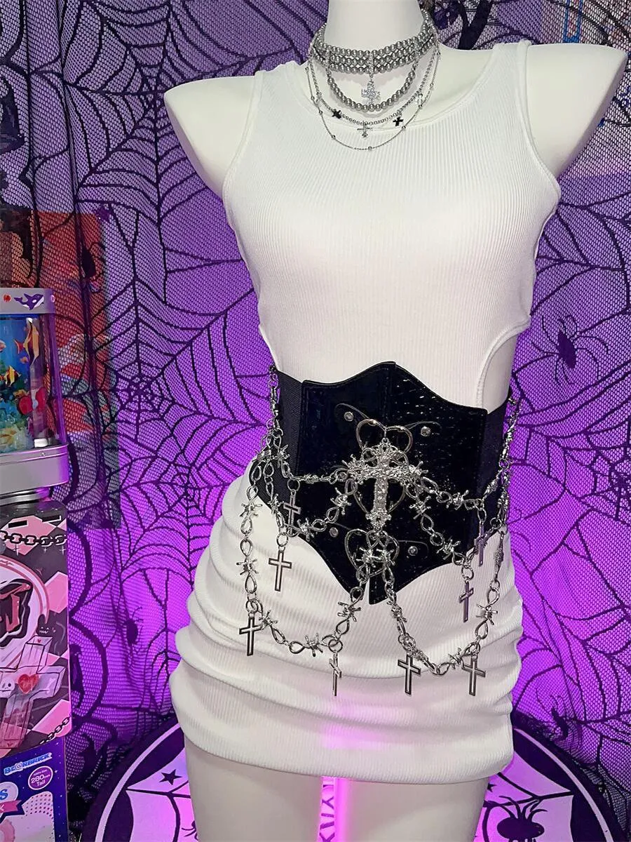 PU leather metal chain cross applique waist chain