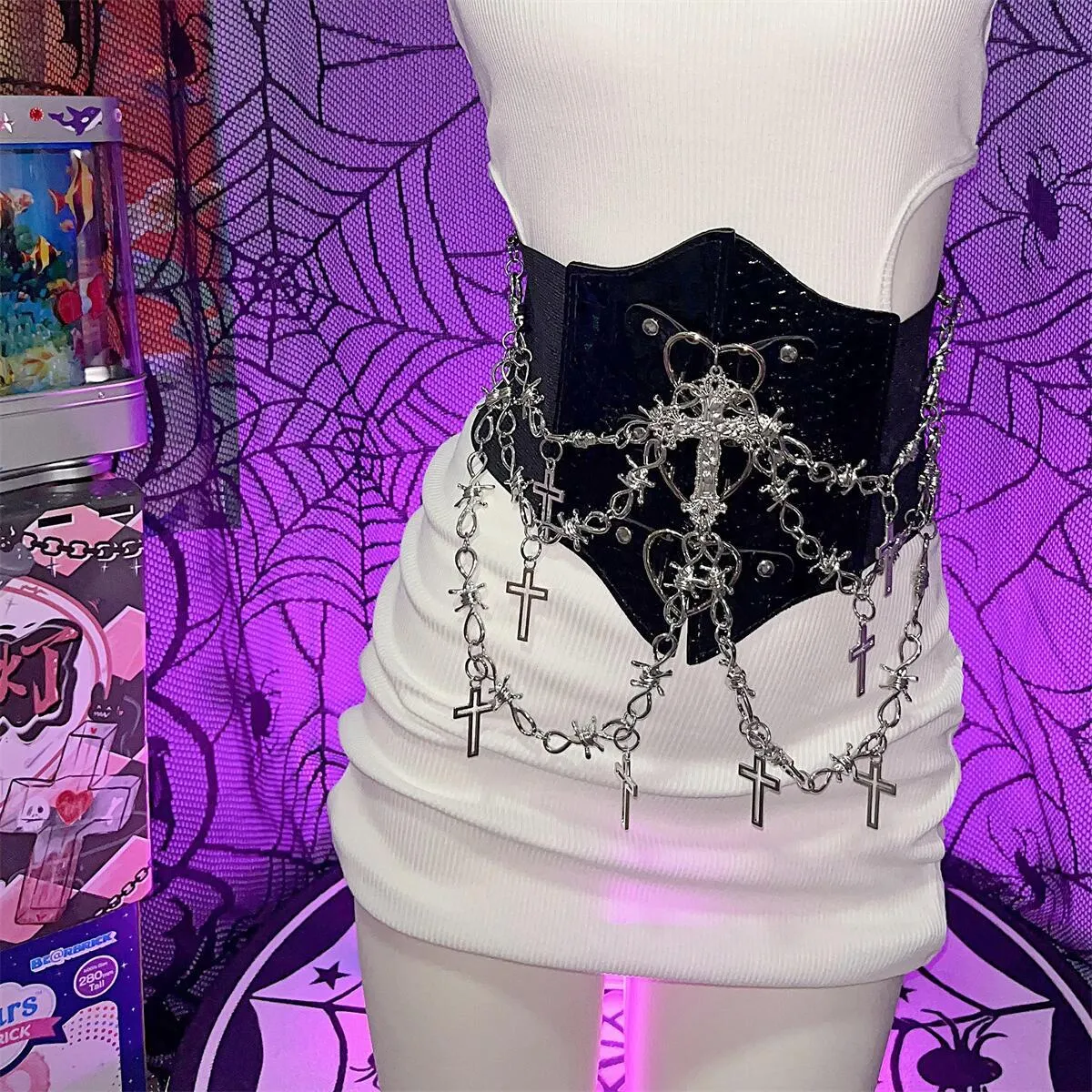 PU leather metal chain cross applique waist chain