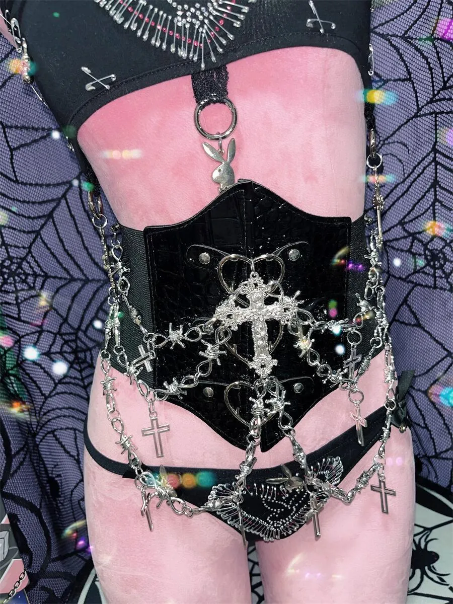 PU leather metal chain cross applique waist chain