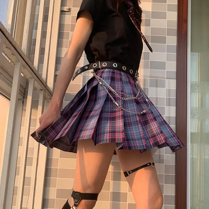 "JK DARK PURPLE GRID" PLEATED SKIRT / TIE N073015
