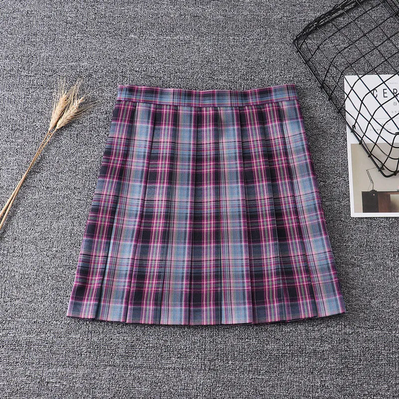 "JK DARK PURPLE GRID" PLEATED SKIRT / TIE N073015