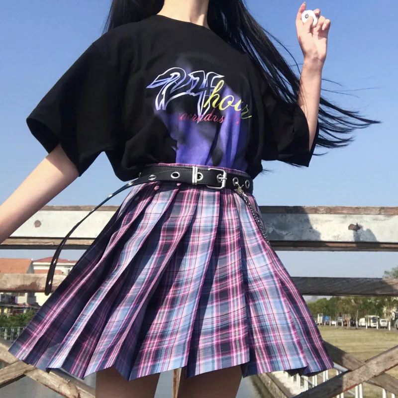 "JK DARK PURPLE GRID" PLEATED SKIRT / TIE N073015