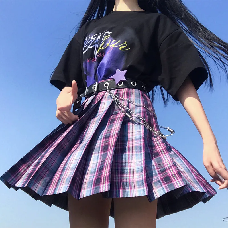 "JK DARK PURPLE GRID" PLEATED SKIRT / TIE N073015