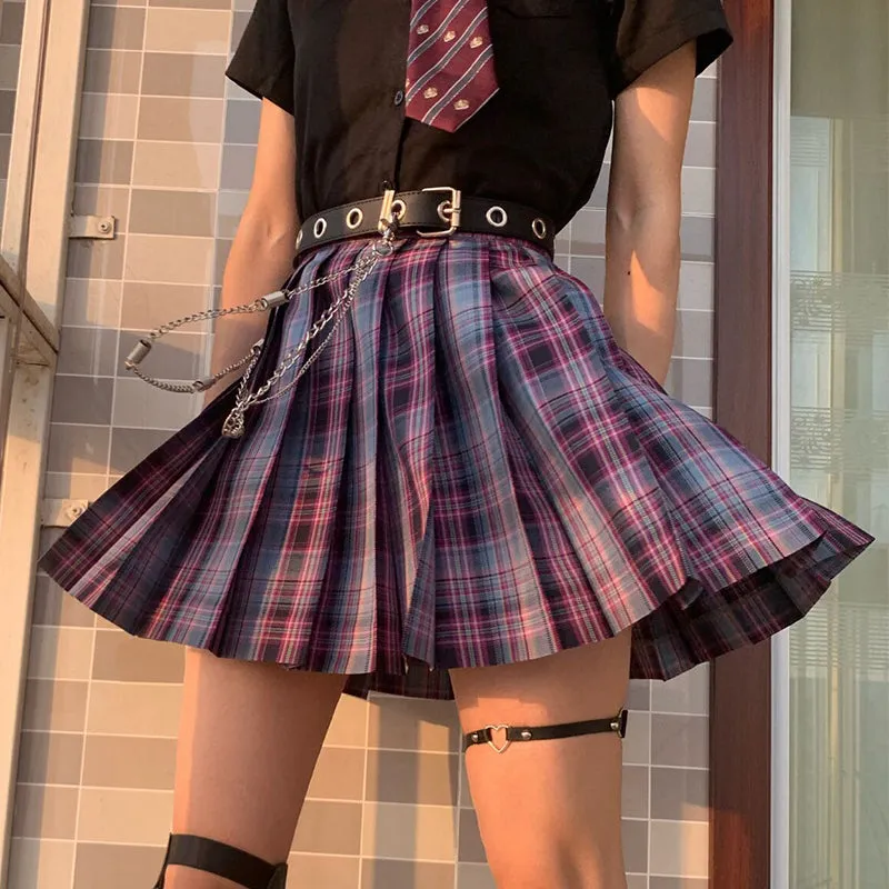 "JK DARK PURPLE GRID" PLEATED SKIRT / TIE N073015