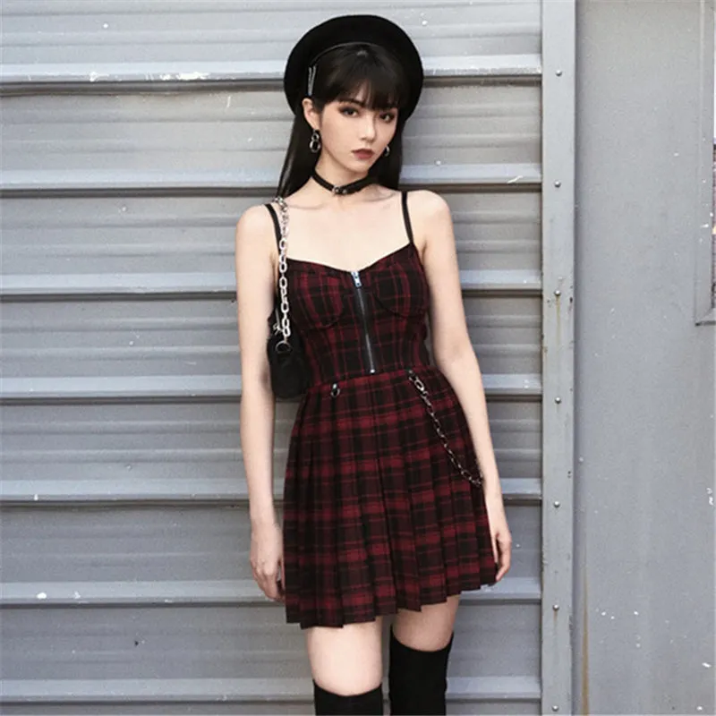 "RED BLACK PLAID PLEATED STRAP" DRESS D060503