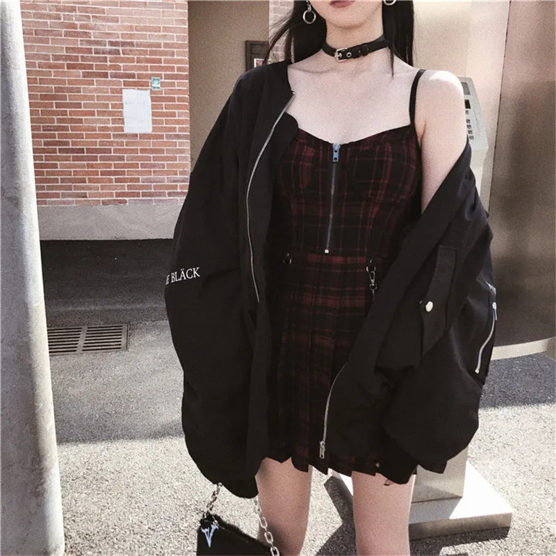 "RED BLACK PLAID PLEATED STRAP" DRESS D060503