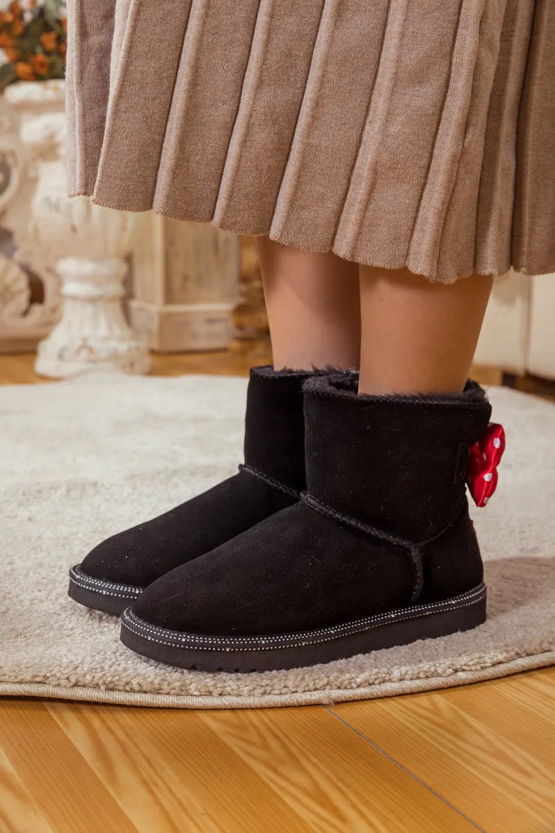 Red Polka Dot Ribbon Bow Suede Boots