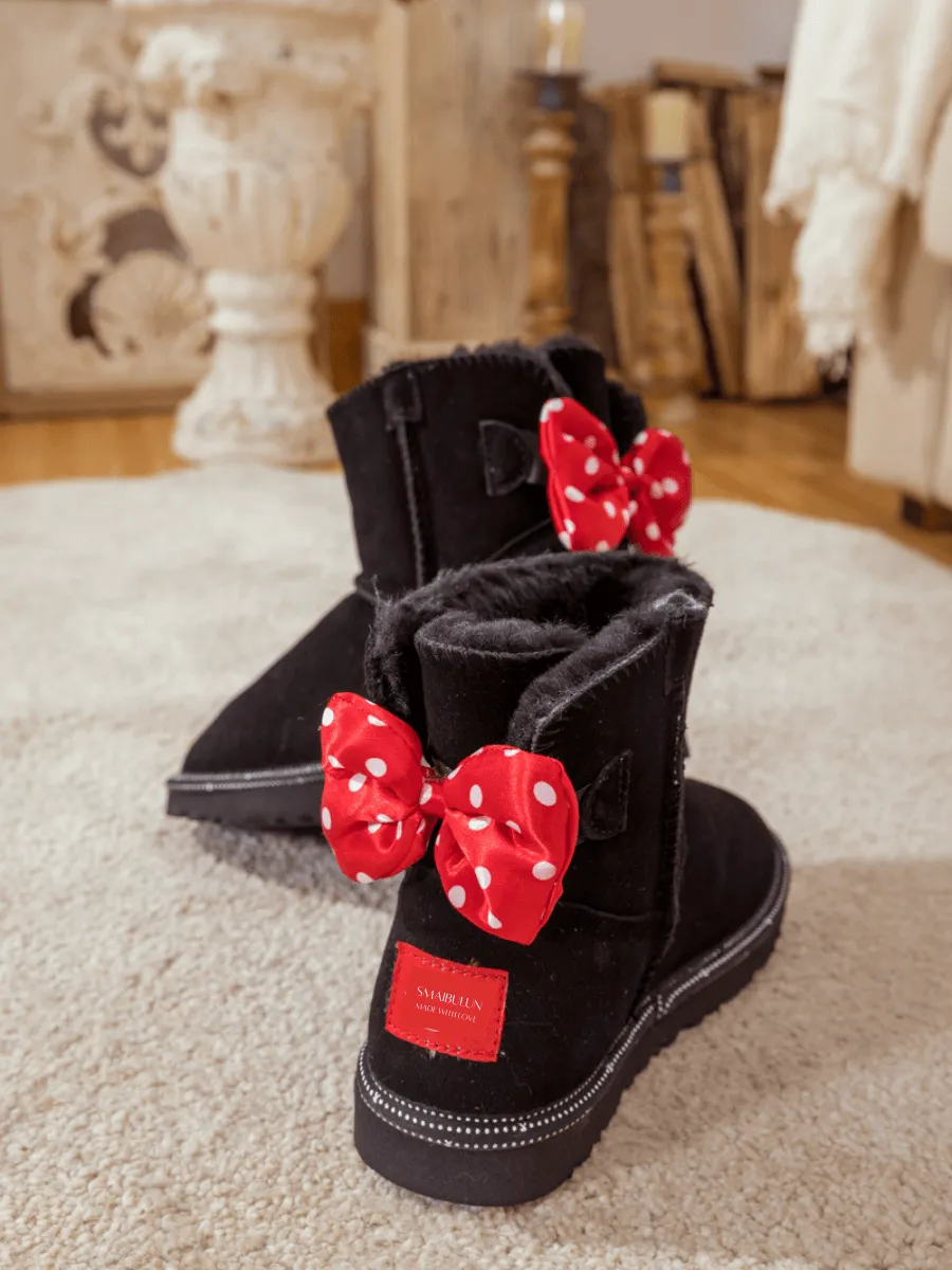 Red Polka Dot Ribbon Bow Suede Boots