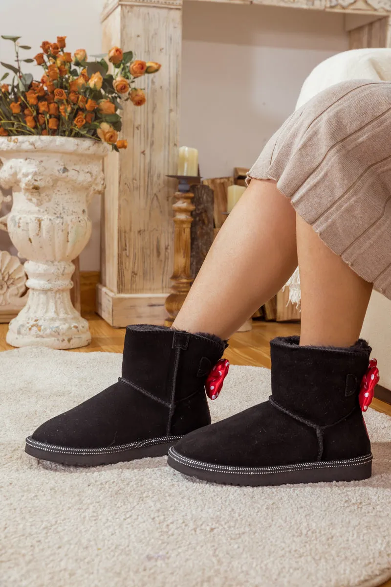 Red Polka Dot Ribbon Bow Suede Boots