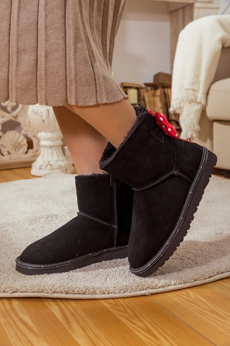 Red Polka Dot Ribbon Bow Suede Boots