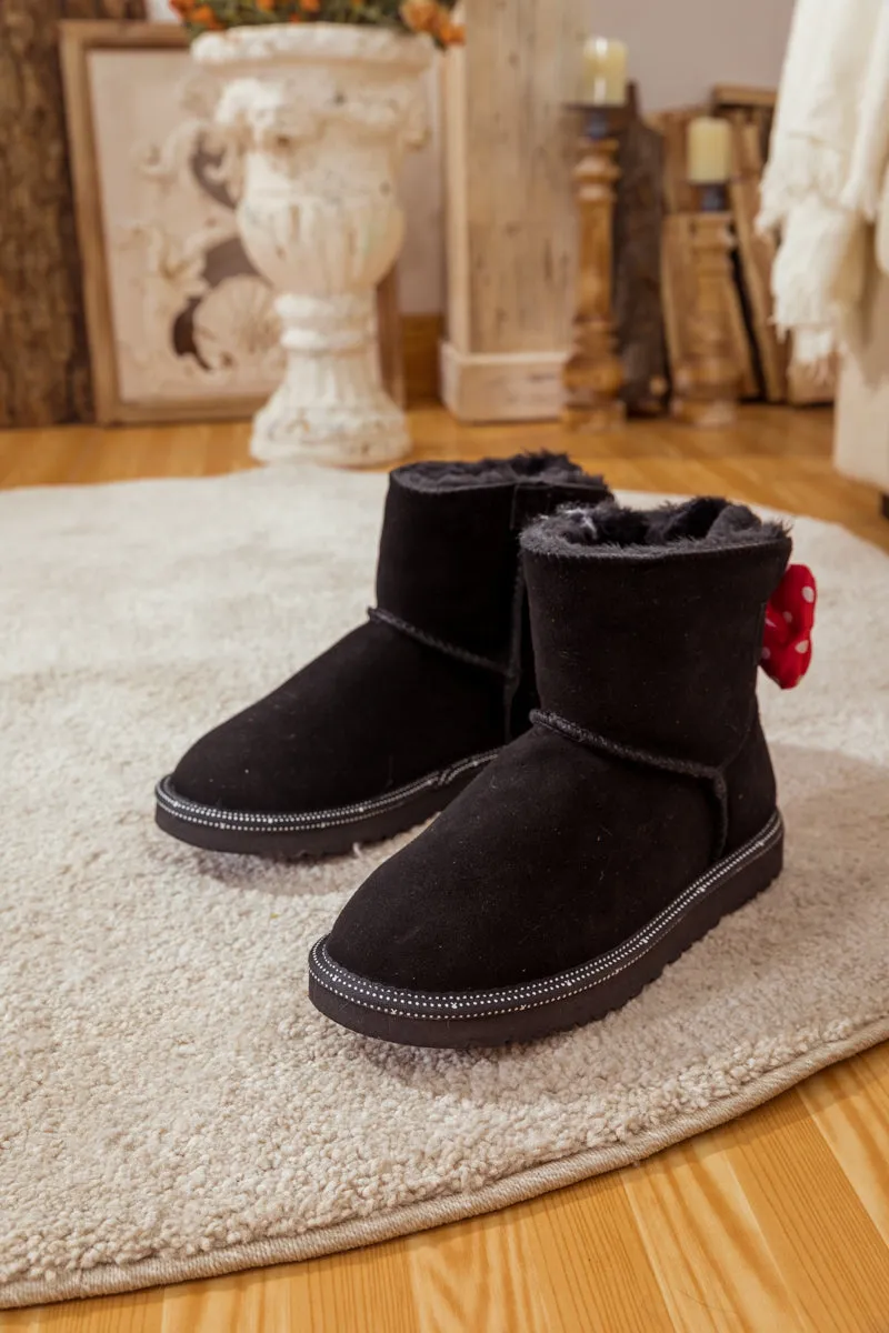 Red Polka Dot Ribbon Bow Suede Boots
