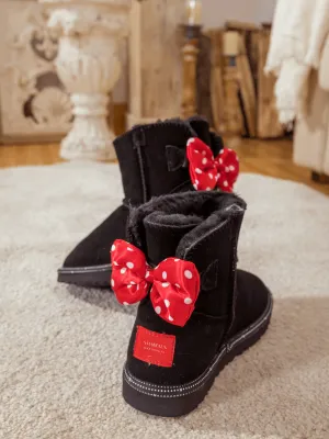 Red Polka Dot Ribbon Bow Suede Boots