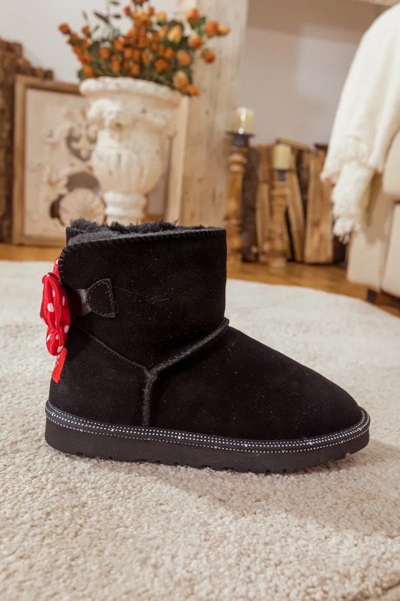 Red Polka Dot Ribbon Bow Suede Boots