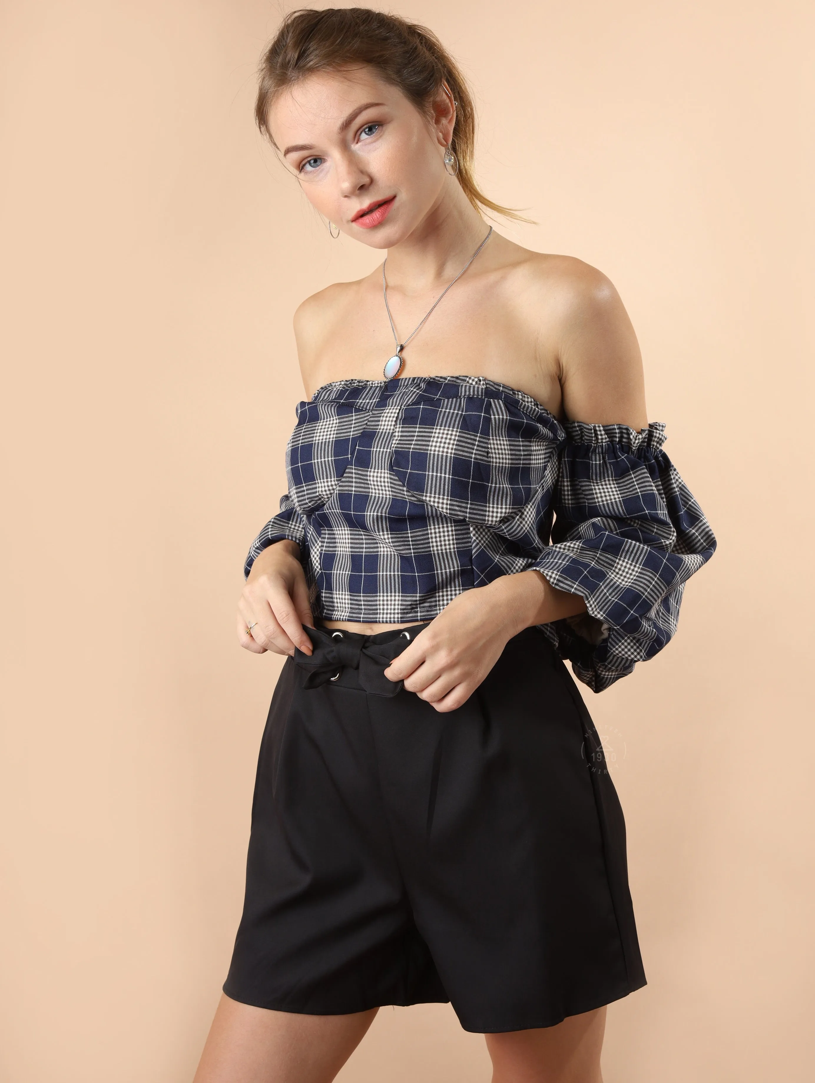 REESE Plaid Off-Shoulder Crop Top (Navy)