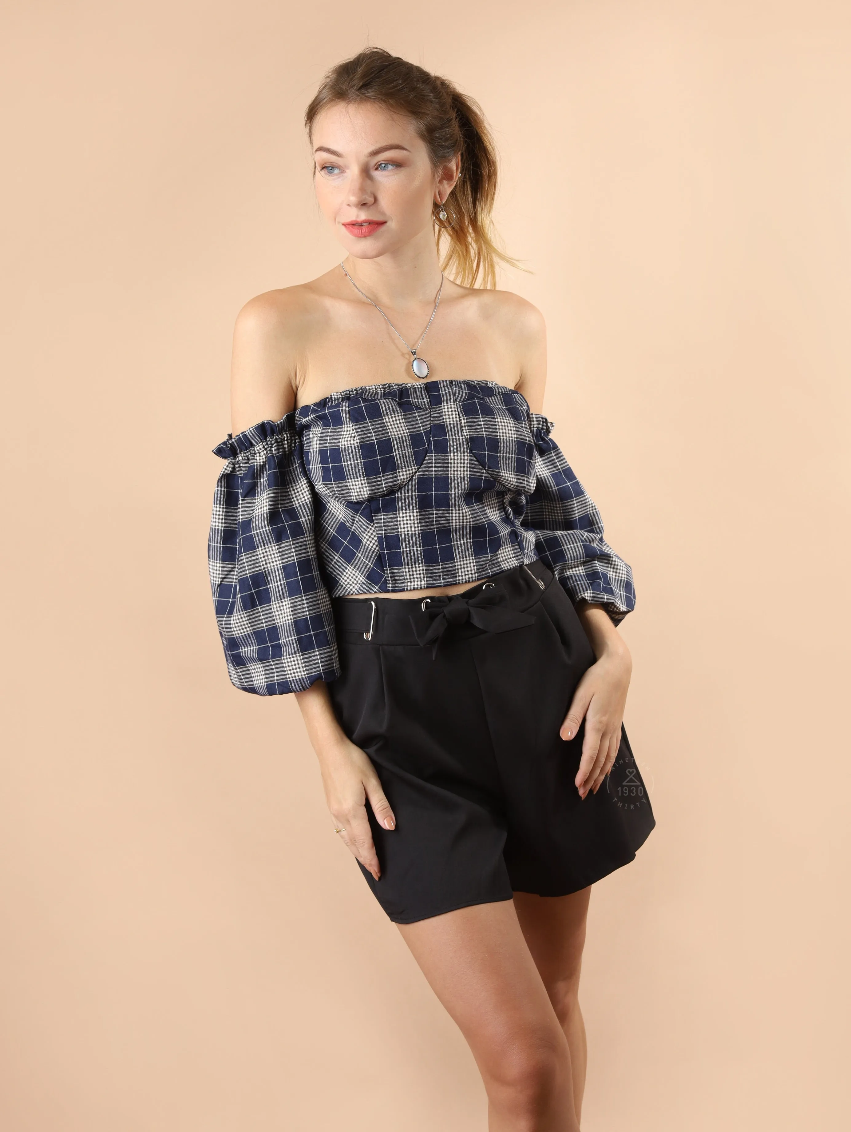 REESE Plaid Off-Shoulder Crop Top (Navy)