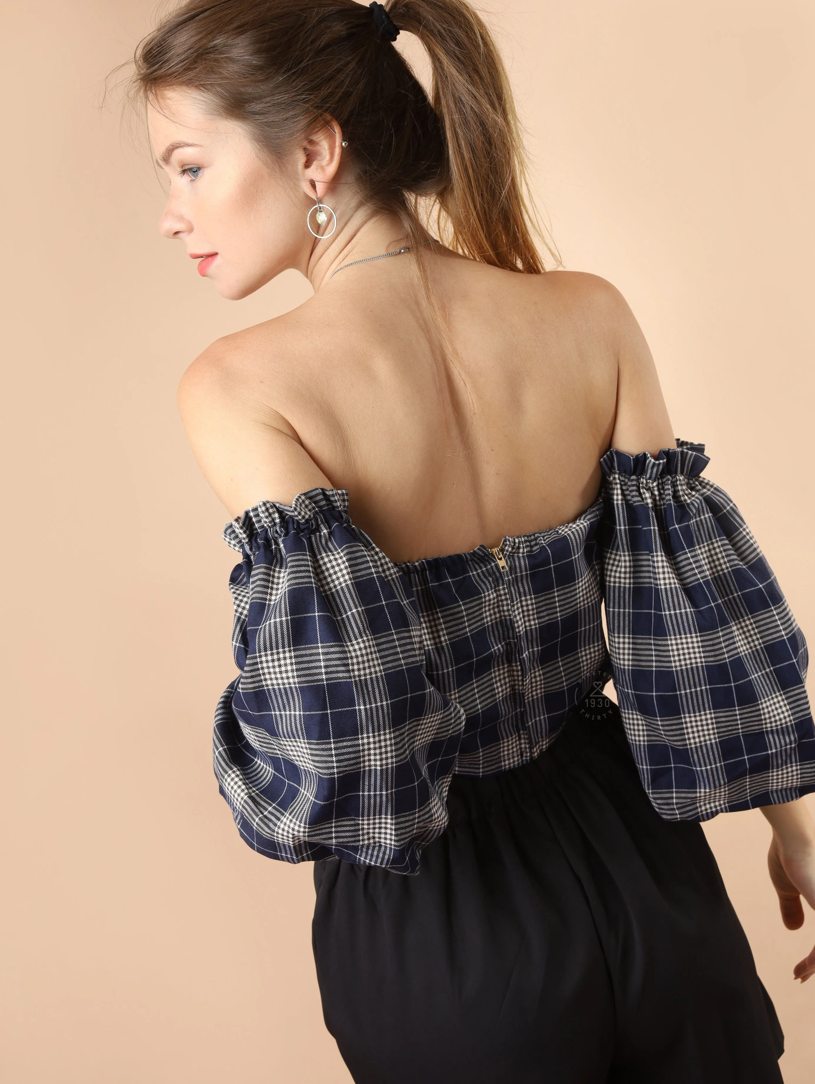 REESE Plaid Off-Shoulder Crop Top (Navy)