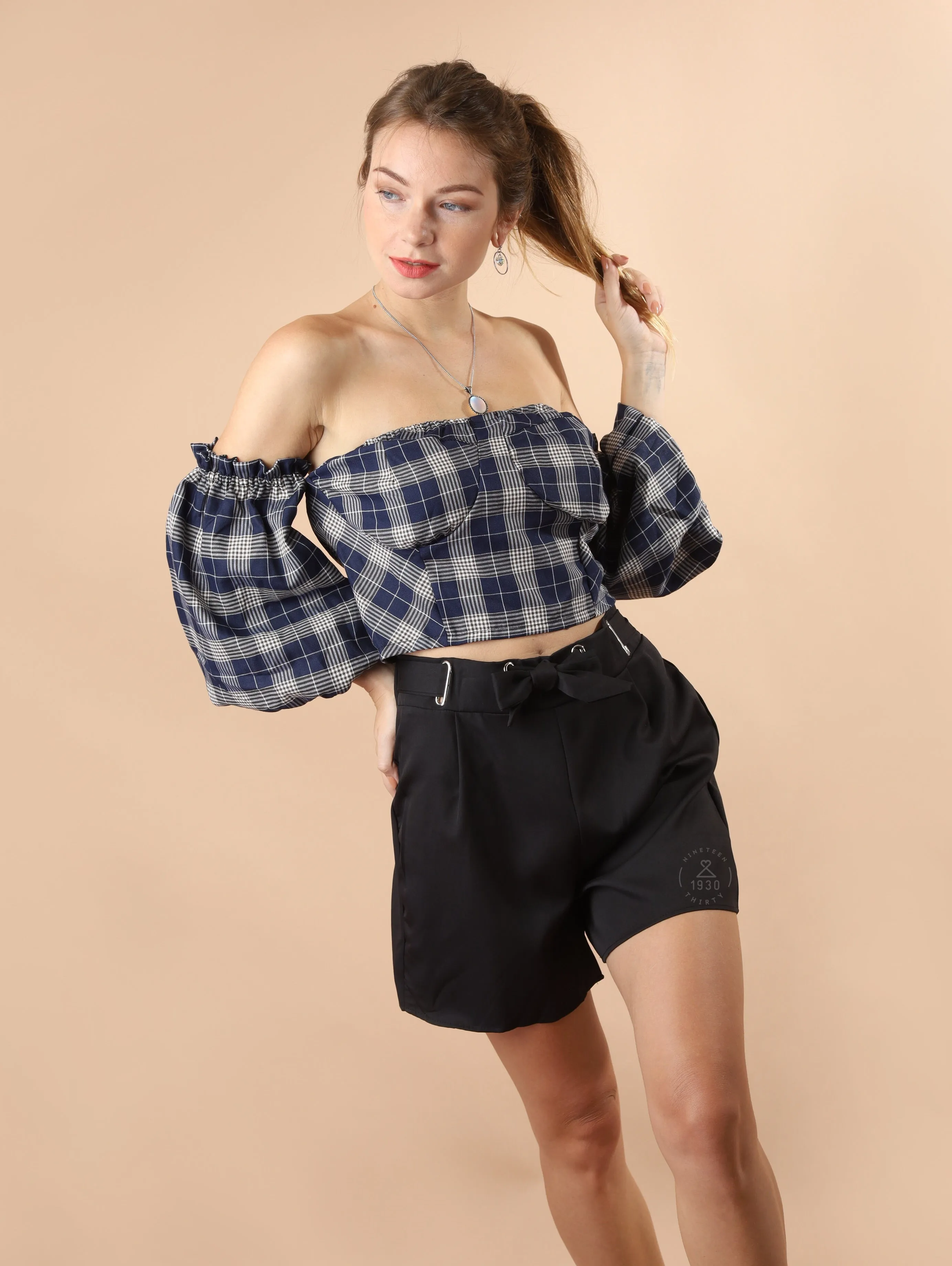 REESE Plaid Off-Shoulder Crop Top (Navy)
