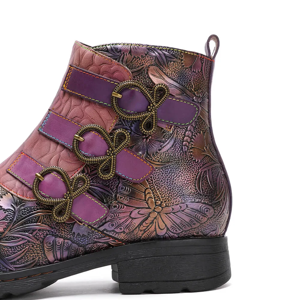 Retro Handmade Leather Painted Floral Flats Boots